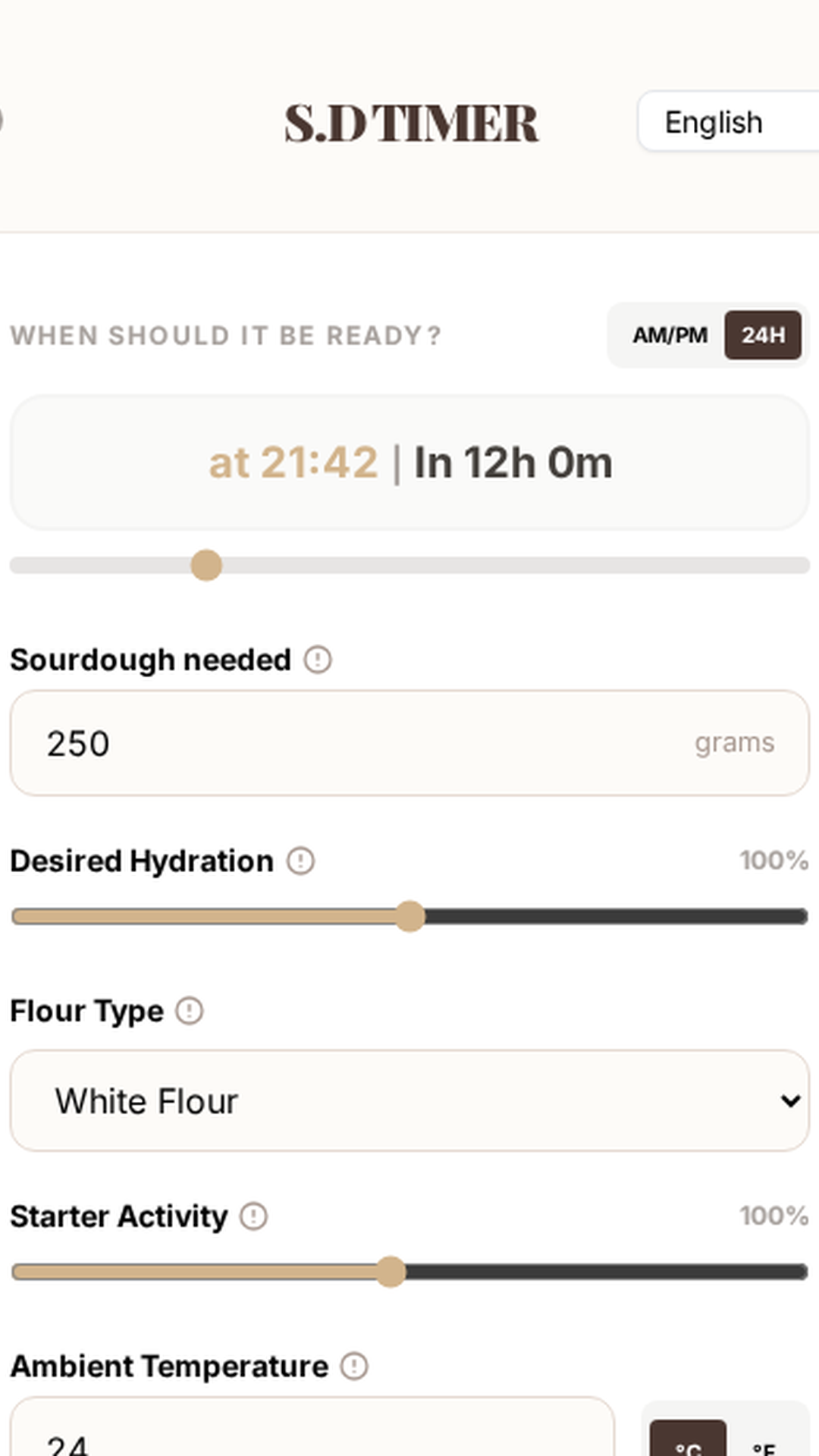 S.D TIMER input screen: target time, temperature, hydration, and flour type